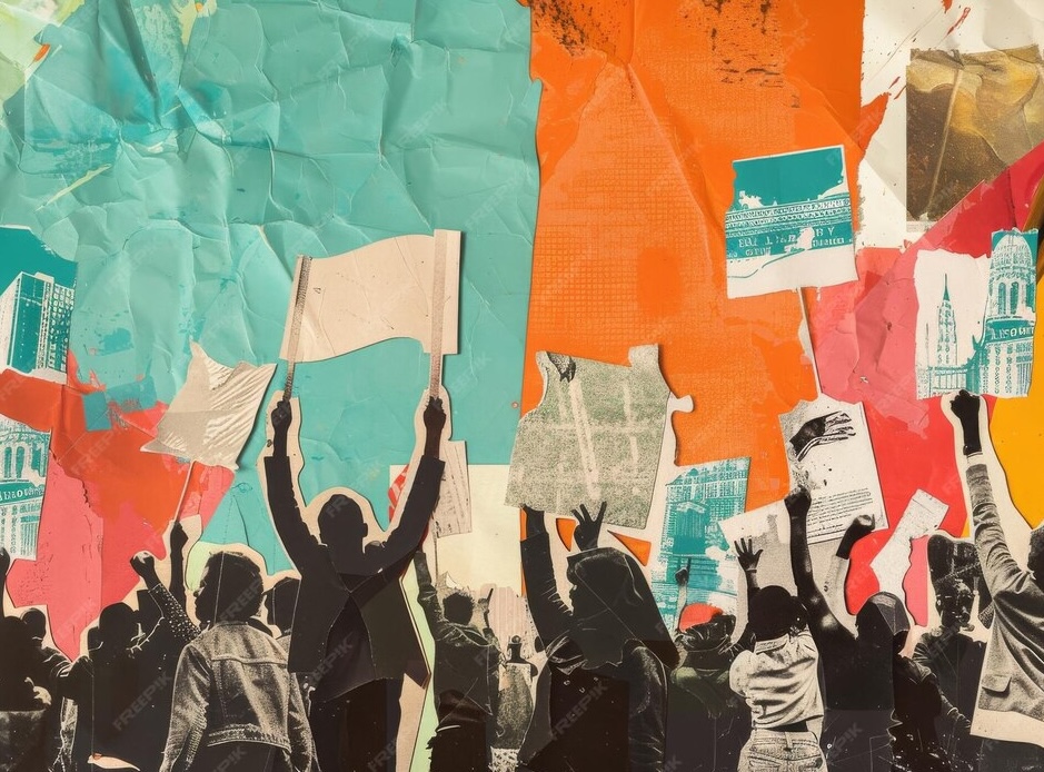 collage of people holding banners
