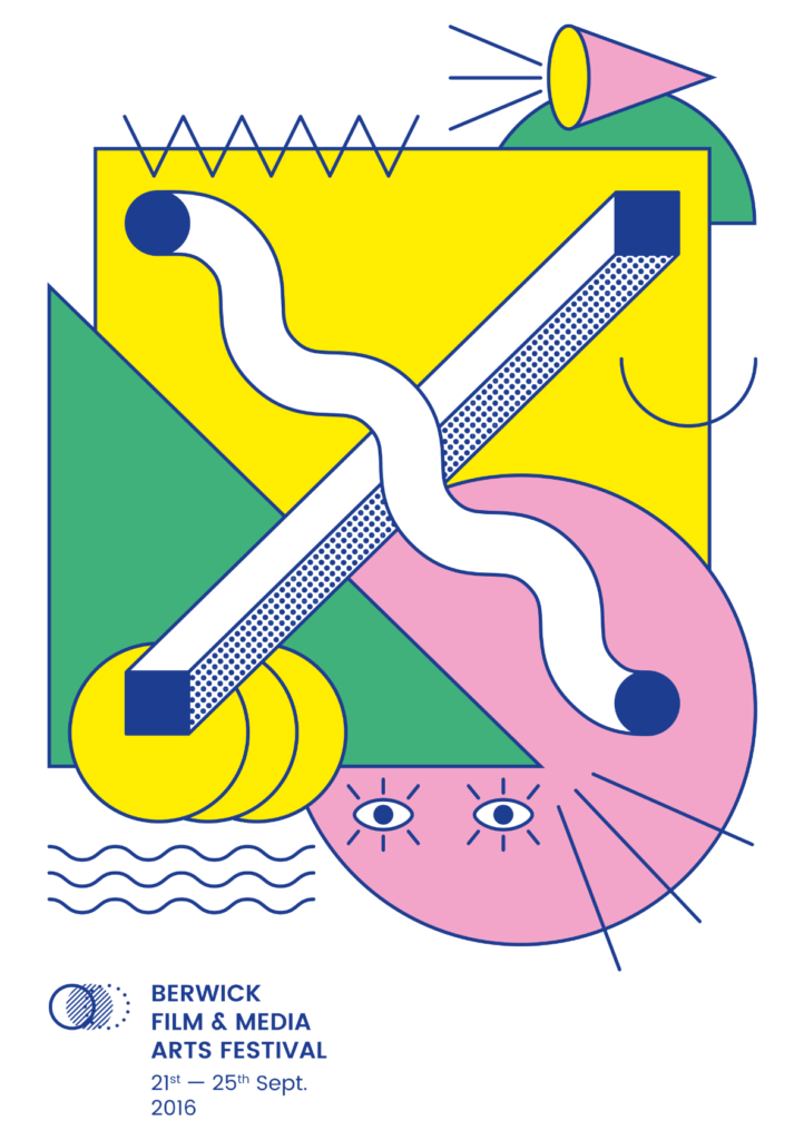 Colorful abstract geometric shapes including circles, triangles, and lines with a modern design. Graphic art promoting Berwick Film and Media Arts Festival 2016. Contemporary digital illustration.