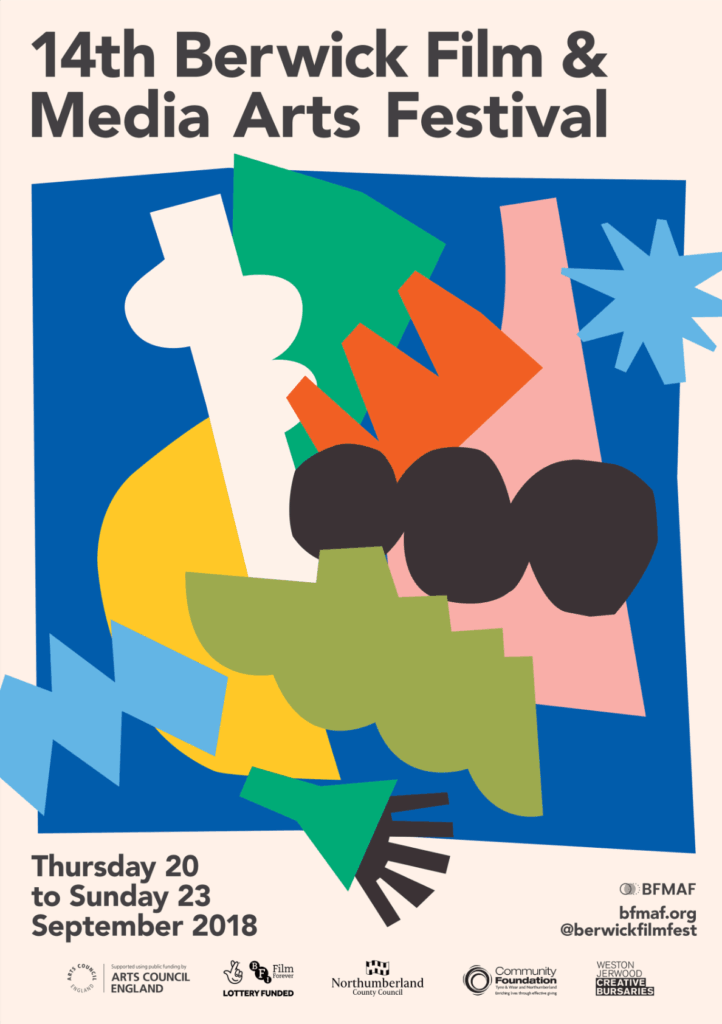 Colorful abstract shapes form a modern art poster for the 14th Berwick Film and Media Arts Festival. Graphic design with event dates and sponsor logos. Contemporary festival advertisement.