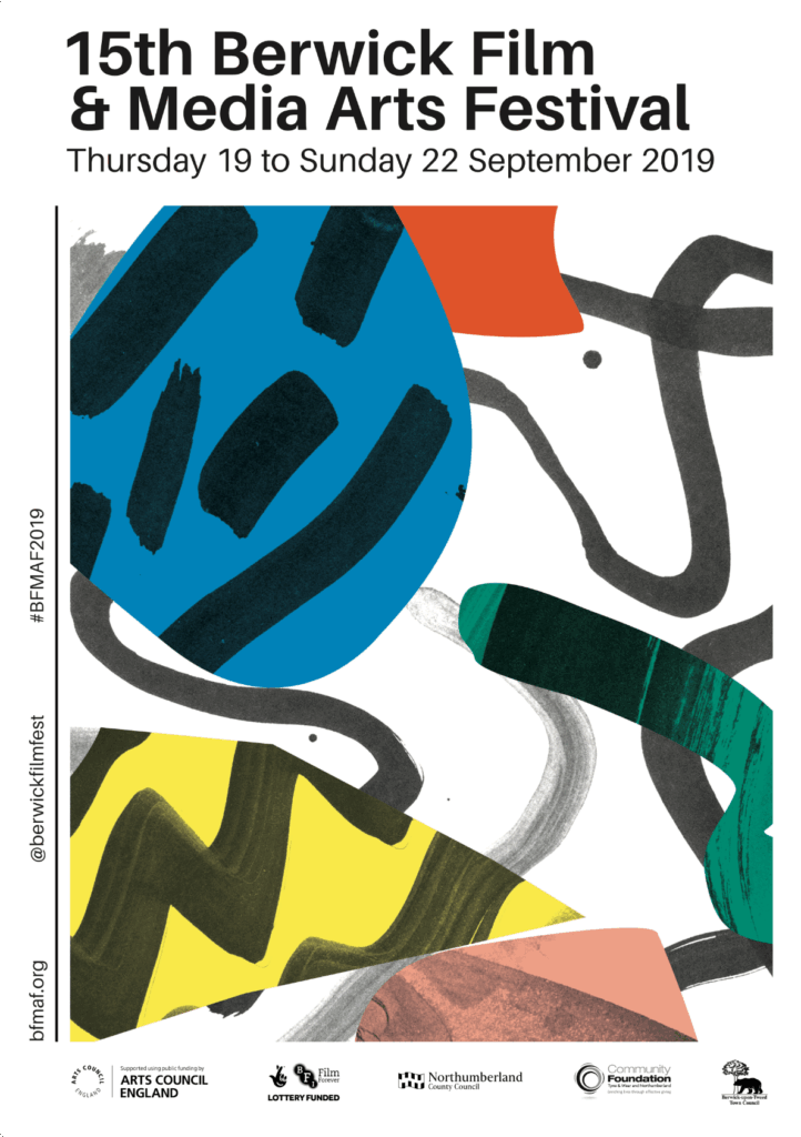 Colorful abstract art poster promoting the 15th Berwick Film and Media Arts Festival held in September 2019. Modern design with bold shapes and artistic brush strokes. Event advertisement.