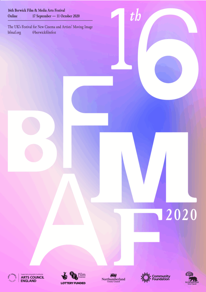 Colourful gradient poster for the 16th Berwick Film and Media Arts Festival 2020. UK cinema and artists' moving image event with festival dates and sponsor logos. Arts and culture promotion.