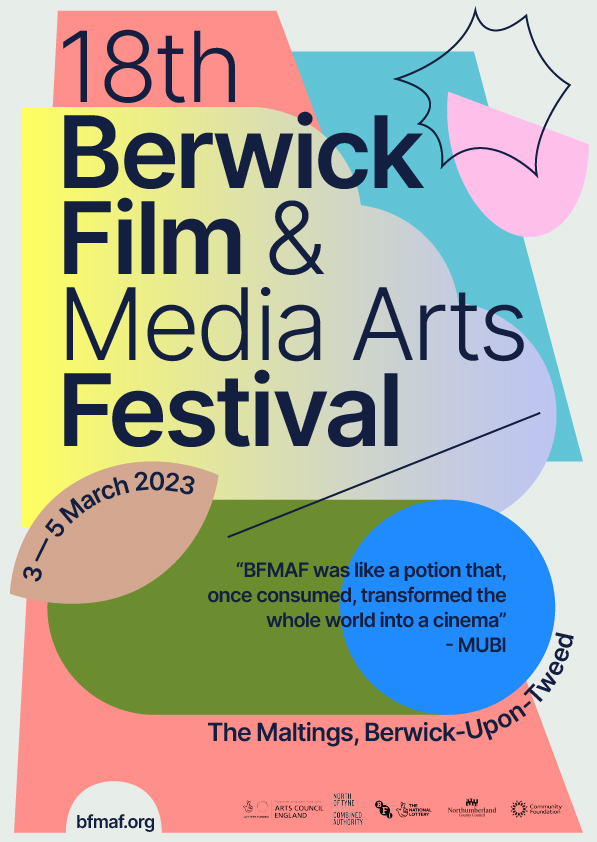 Colourful poster for the 18th Berwick Film and Media Arts Festival held March 3-5, 2023. Promotional graphic with event details and artistic shapes for cultural festival marketing.