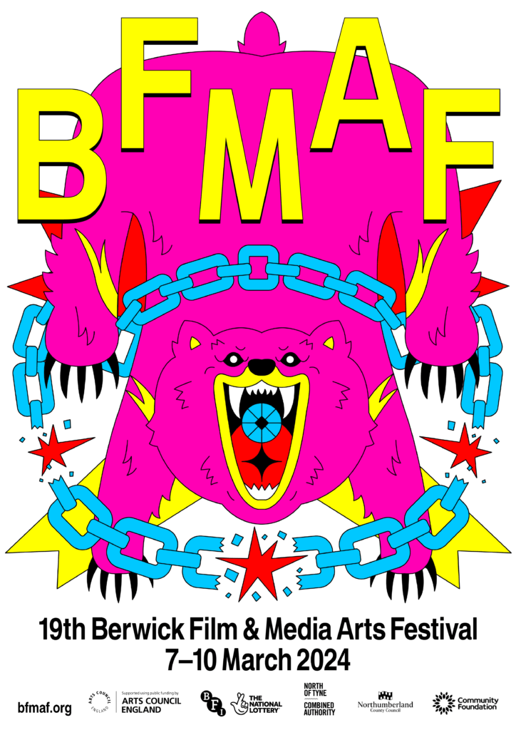 2024 Festival poster for BFMAF depicting a bright pink bear roaring with the letters BFMAF in yellow. dates, and funders logos at the bottom
