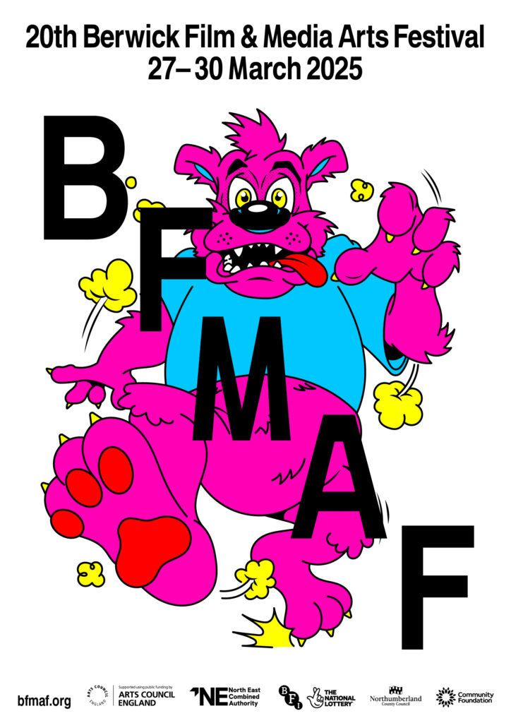 Poster for the 20th Berwick Film & Media Arts Festival (BFMAF), taking place from 27th to 30th March 2025. The text is displayed prominently with the festival's website, bfmaf.org, featured at the bottom.