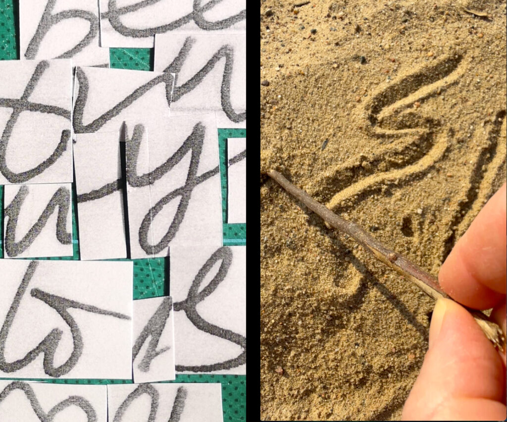 Letters and and hand drawing in sand