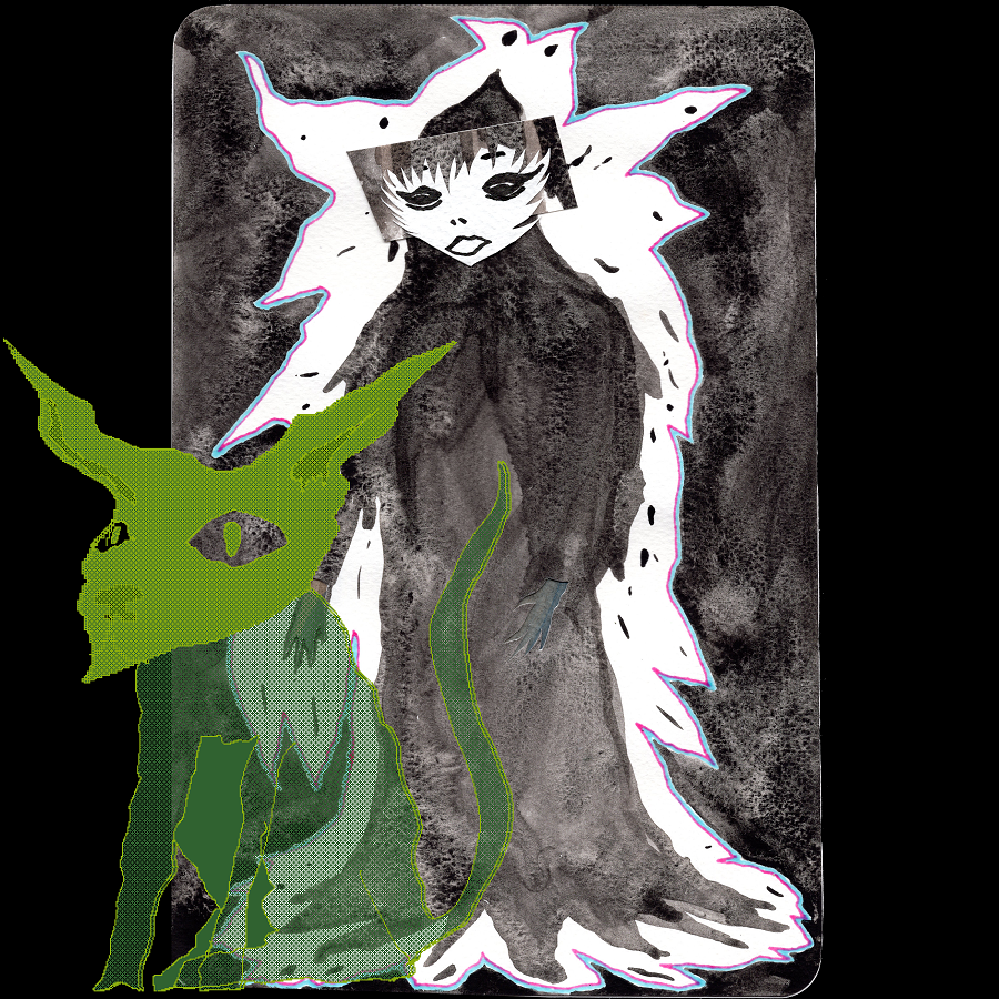 Drawing of a hooded figure and green cat