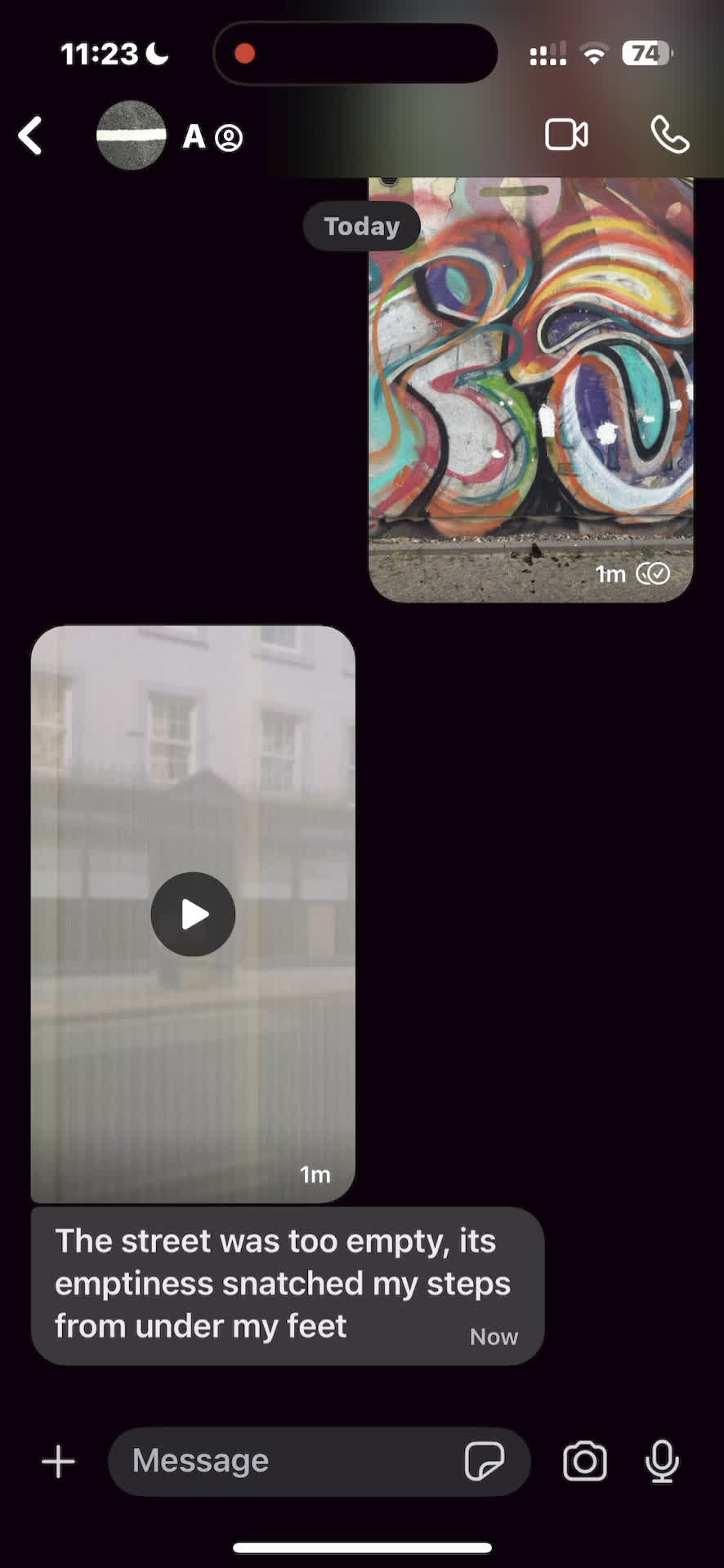 Screenshot of a text conversation, including two images