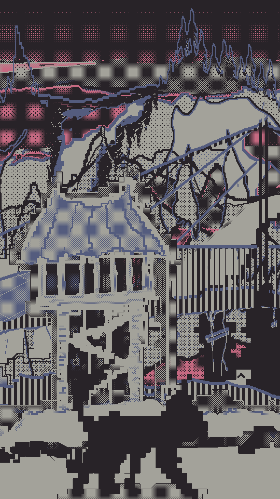 cat walking down a dark purple street with gothic trees and architecture