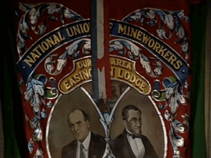 Close-up of a red trade union banner