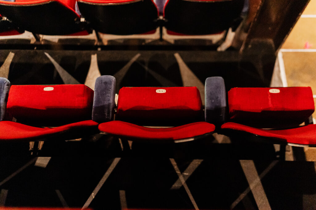 Close-up of empty red theater seats with blue armrests in dim lighting. Rows of plush chairs in a cinema or auditorium setting. Seating arrangement for audience or event attendees.