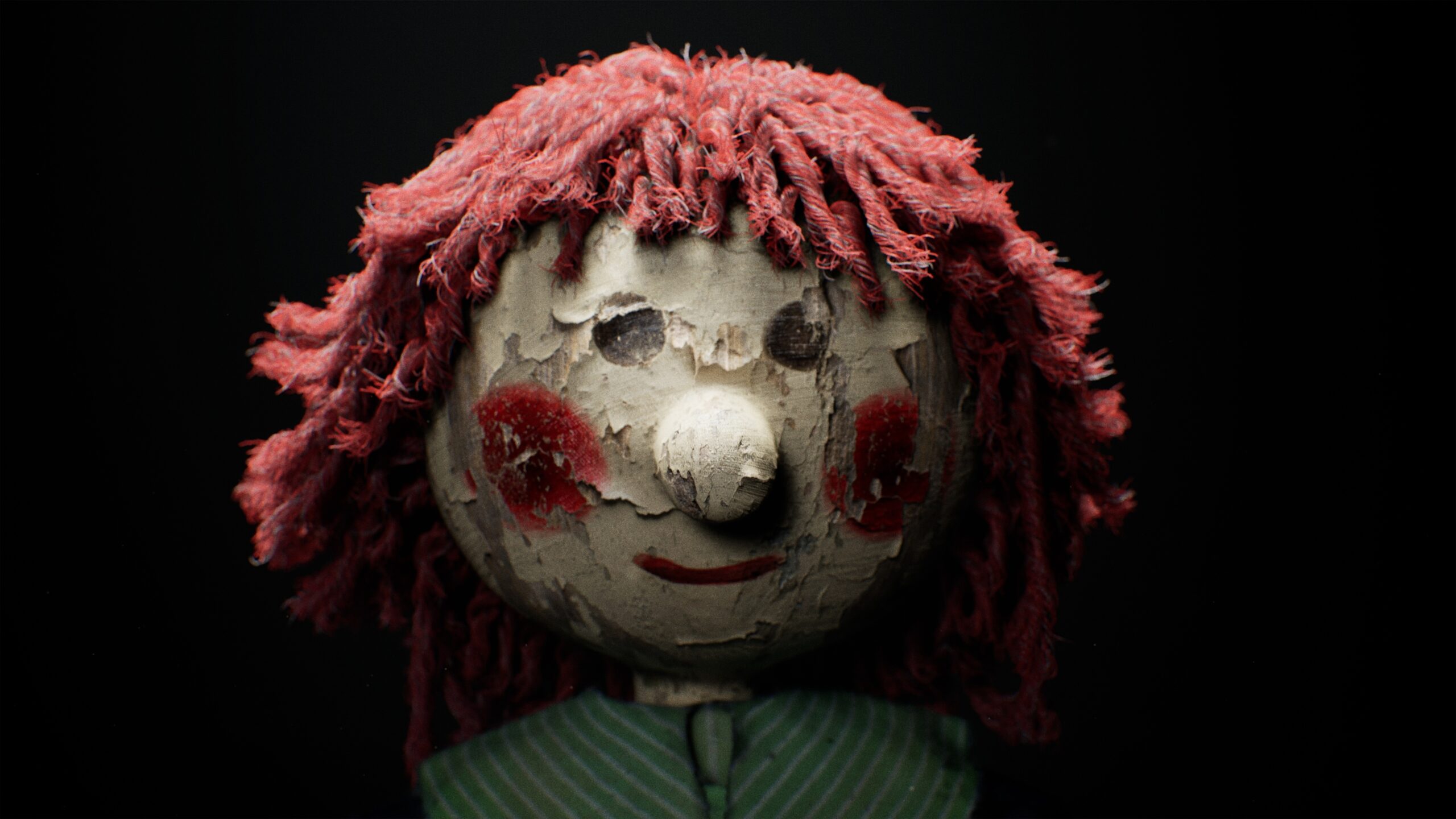 film still displaying a close-up of a vintage wooden clown doll with peeling paint and red yarn hair. aged toy with faded face paint. creepy old doll, antique toy, nostalgic object.