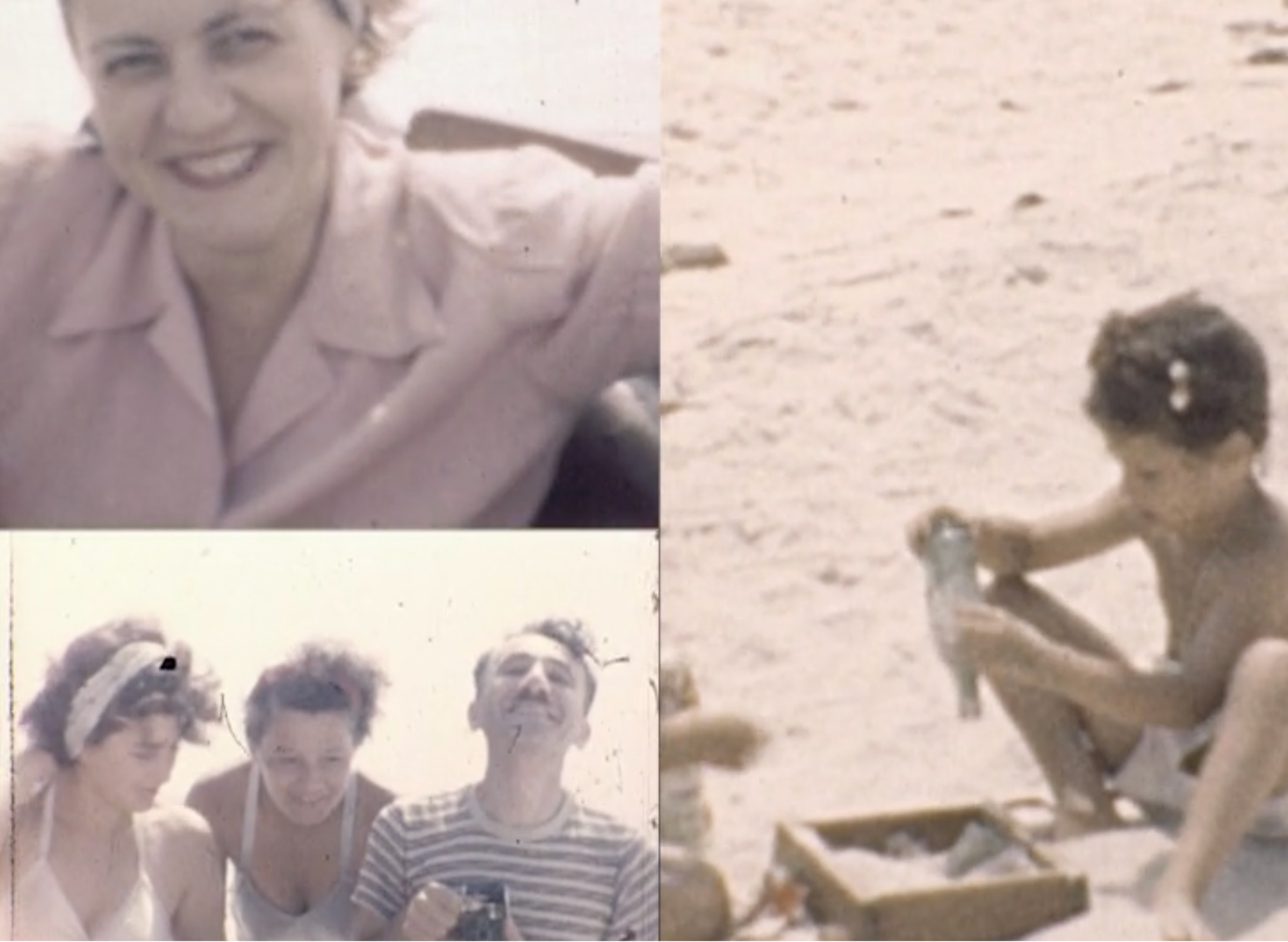 Smiling woman in vintage photo and group of adults enjoying outdoors. Child playing with toy on sandy beach. Nostalgic family memories and happy moments captured on film.